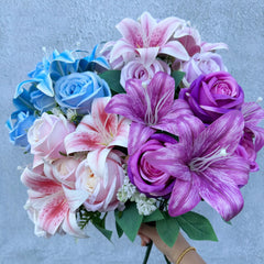 Spring Bouquet: 9-Stem Mixed Roses & Lilies, Silk Flowers