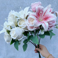 Spring Bouquet: 9-Stem Mixed Roses & Lilies, Silk Flowers