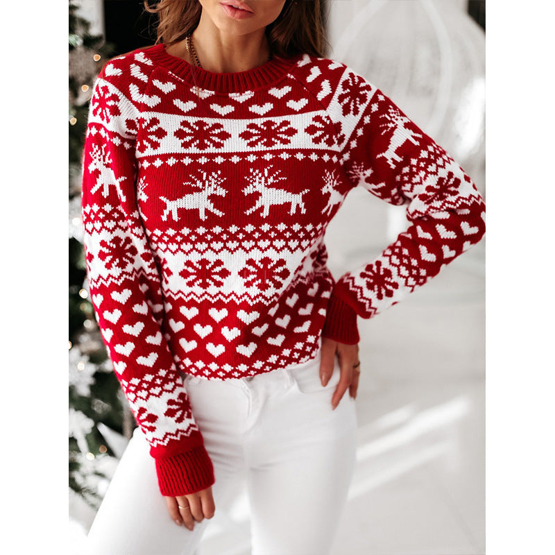 Women's Festive Knitted Pullover - Elk & Snowflake Design