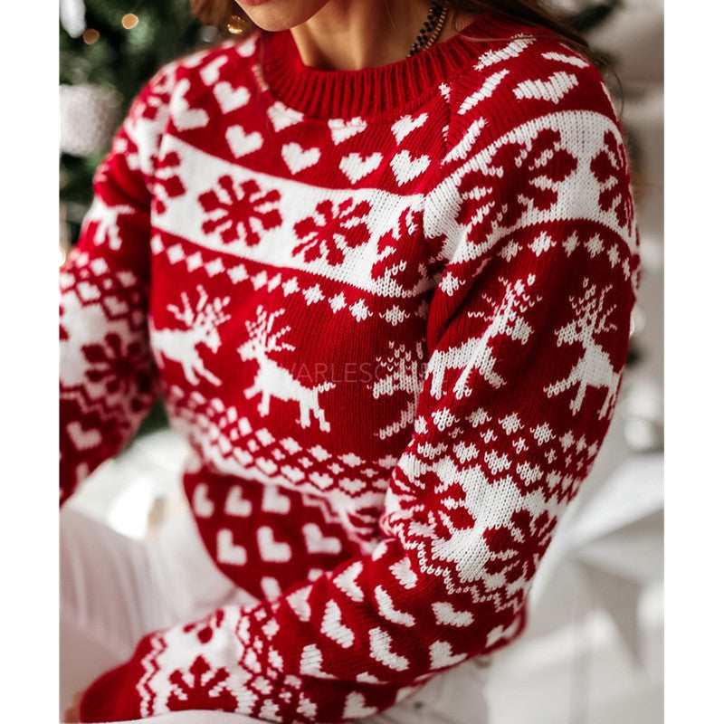 Women's Festive Knitted Pullover - Elk & Snowflake Design