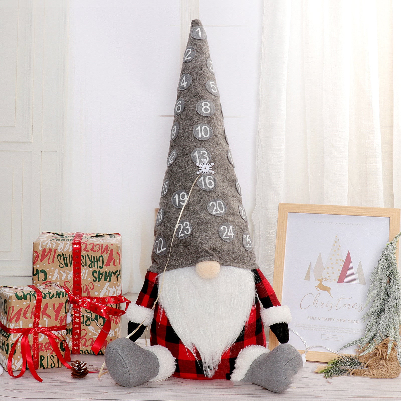 Festive Countdown Christmas Doll Ornaments - Gray/Red Hats