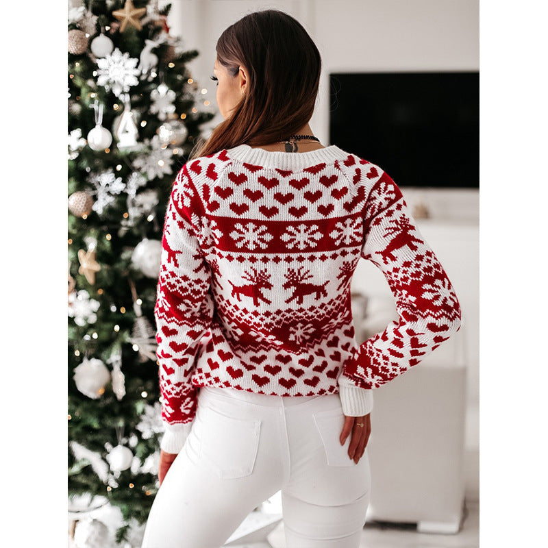 Women's Festive Knitted Pullover - Elk & Snowflake Design