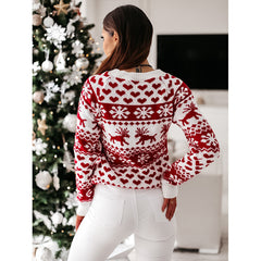 Women's Festive Knitted Pullover - Elk & Snowflake Design