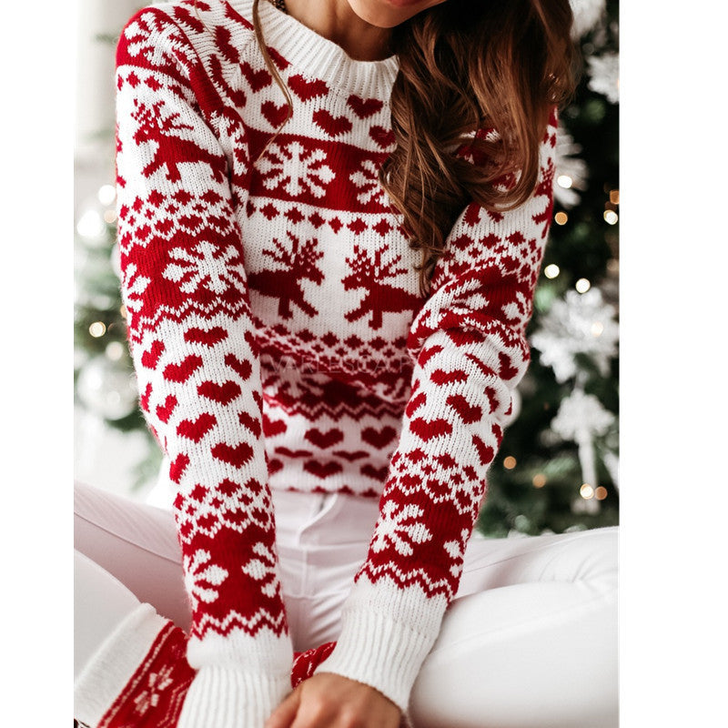 Women's Festive Knitted Pullover - Elk & Snowflake Design