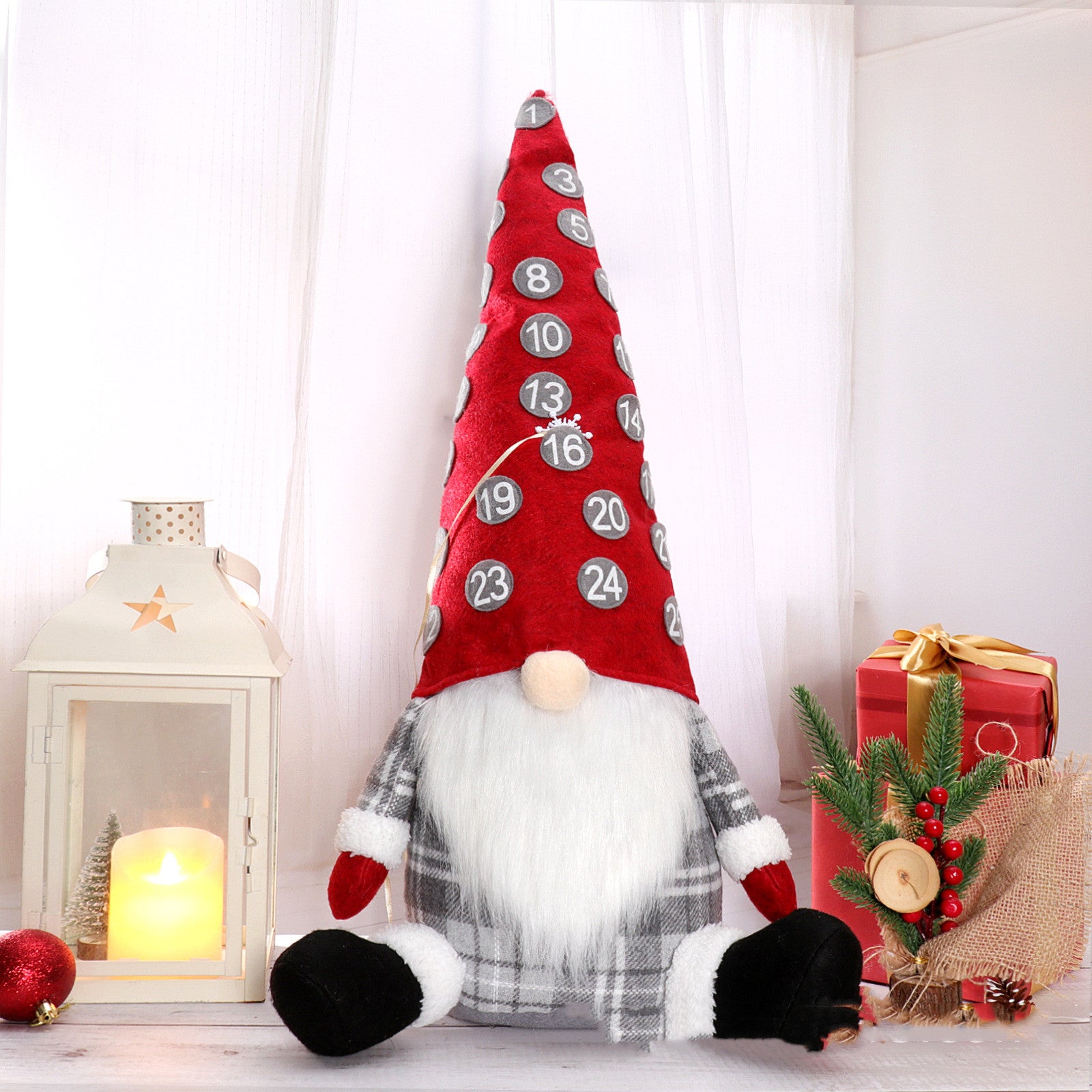 Festive Countdown Christmas Doll Ornaments - Gray/Red Hats