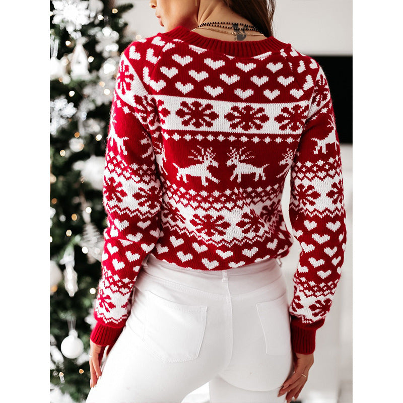 Women's Festive Knitted Pullover - Elk & Snowflake Design