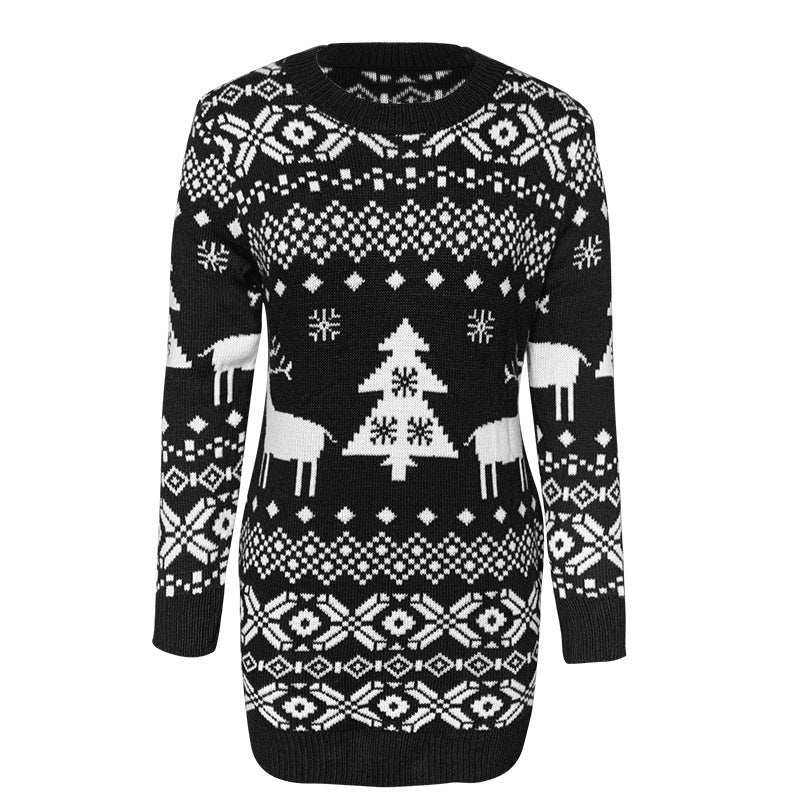 Women's Festive Knitted Pullover - Elk & Snowflake Design