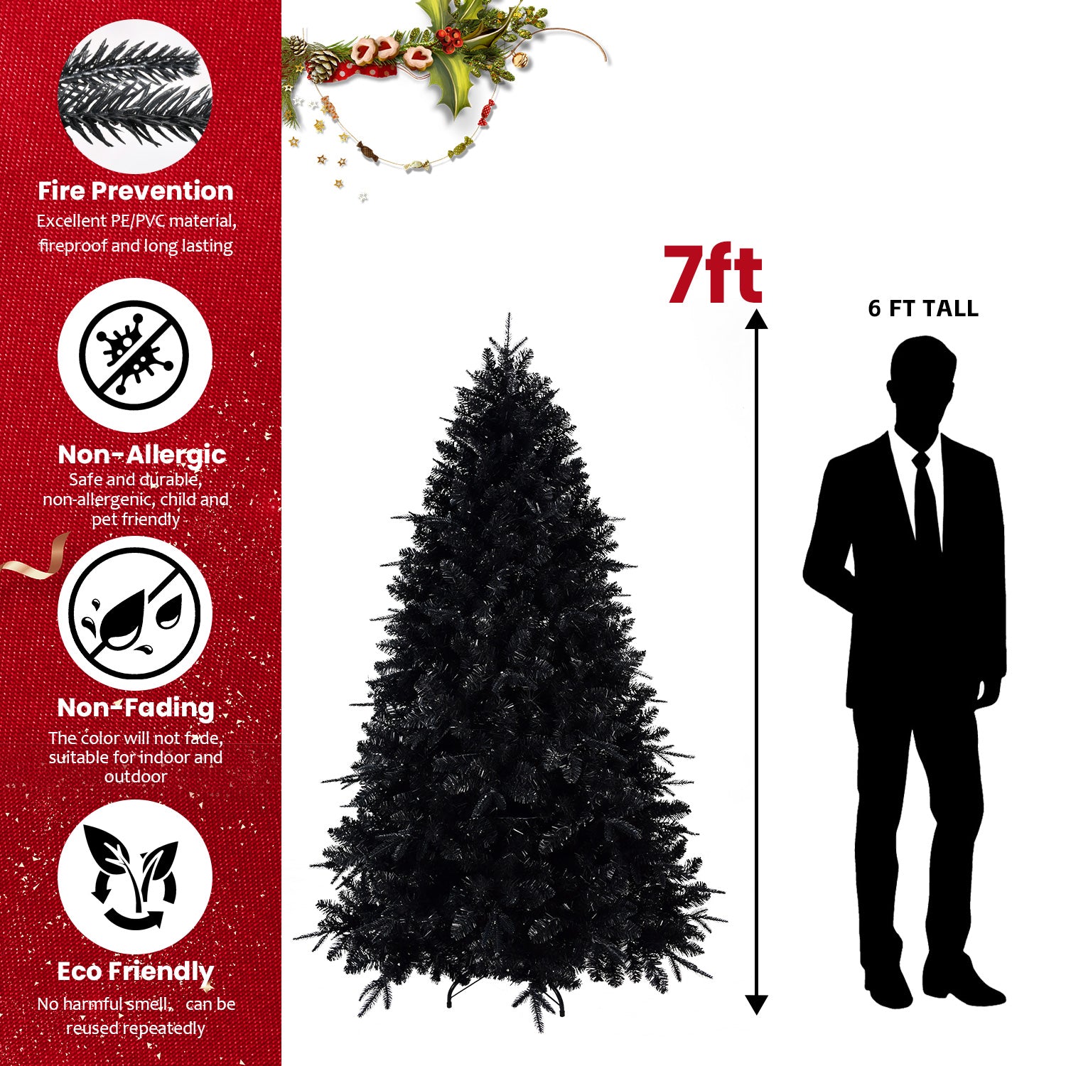 Black Christmas Tree with White Lights, 4ft-9ft, PE/PVC Mix
