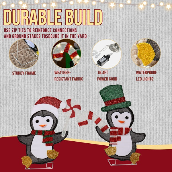 Lighted Penguin & Candy Cane Xmas Decor with 80 LED Lights