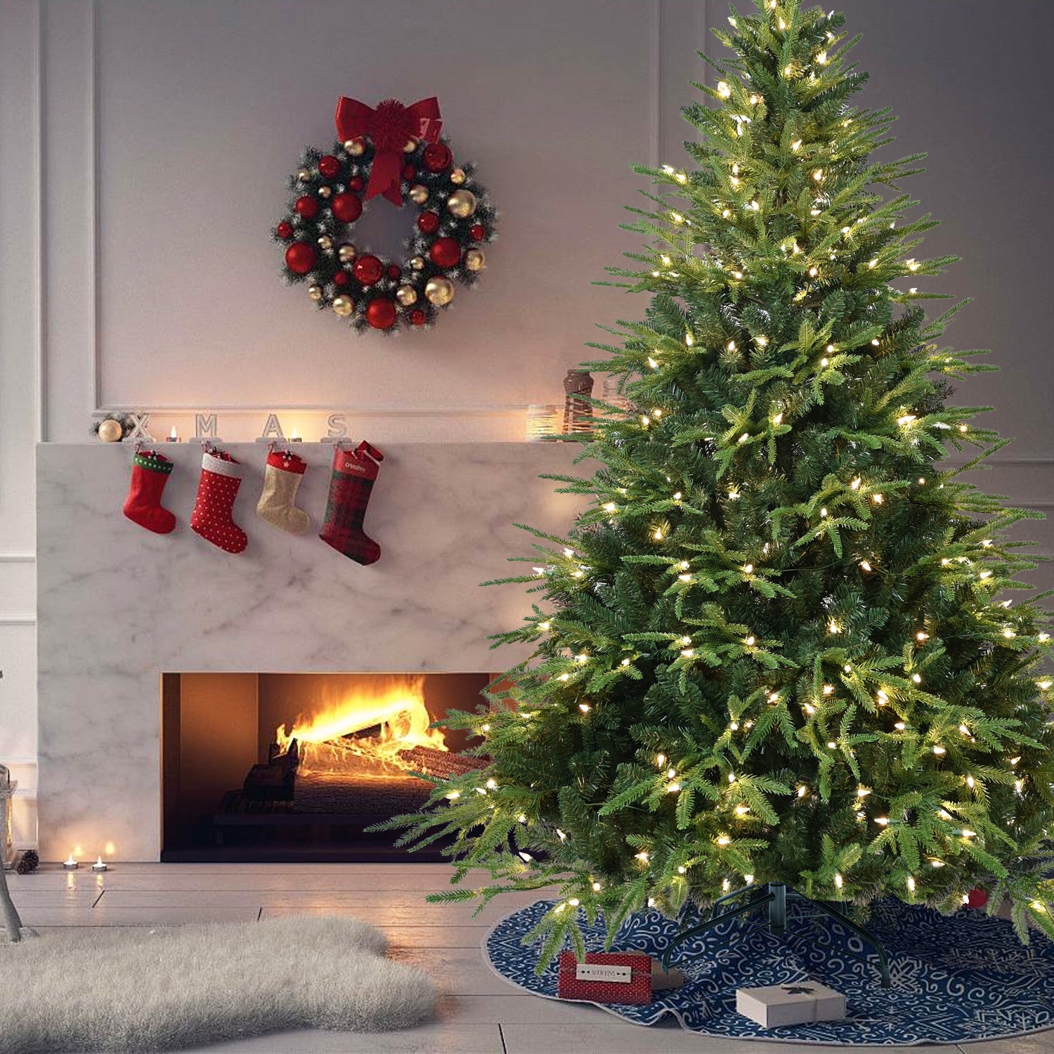 Hybrid PE/PVC Christmas Tree with Lights - Multiple Sizes