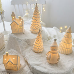 Luminous Ceramic Christmas Decor: Trees, Snowman, and Houses