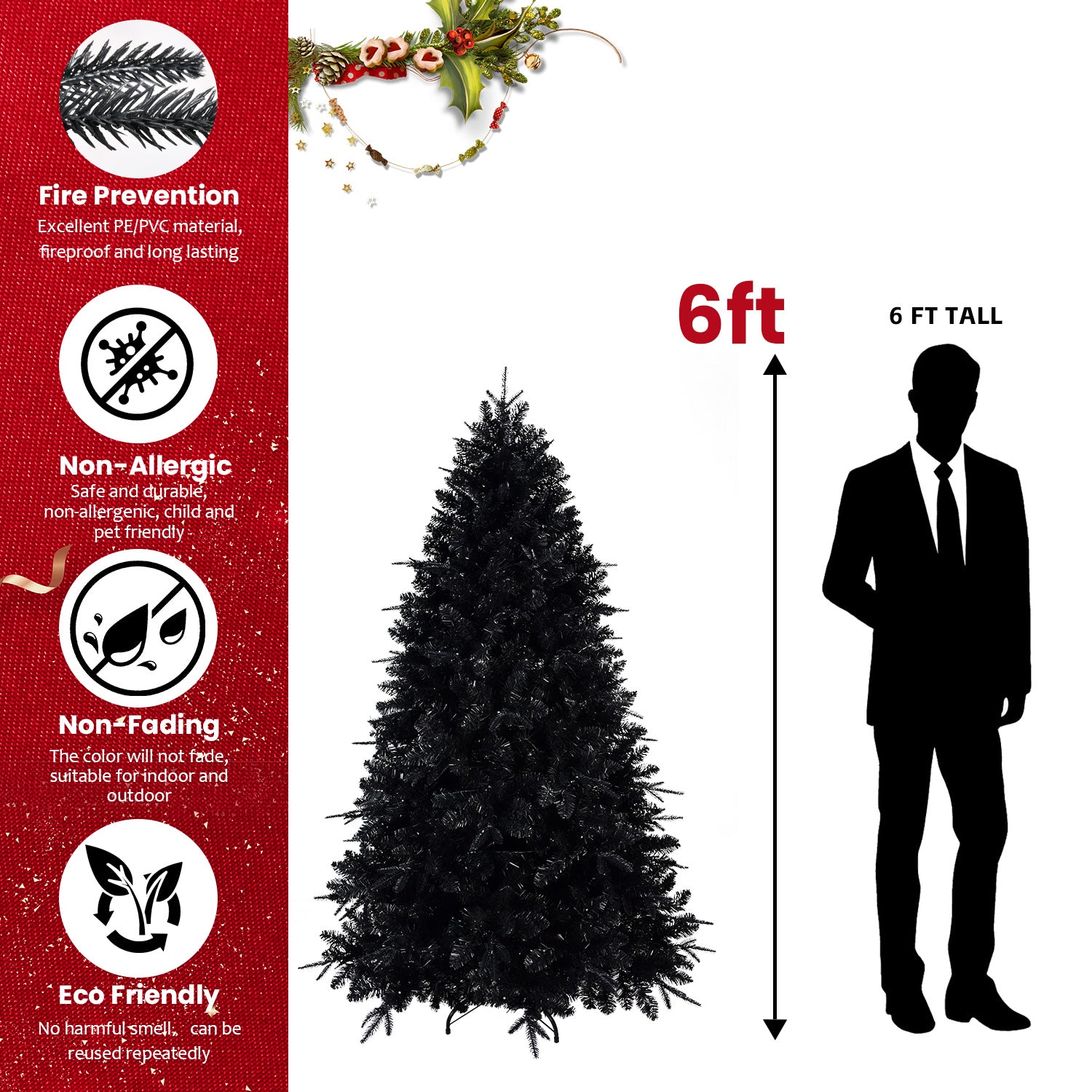 Black Christmas Tree with White Lights, 4ft-9ft, PE/PVC Mix