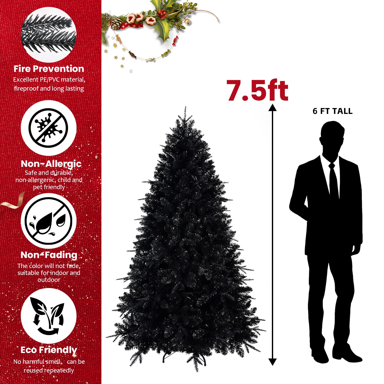 Black Christmas Tree with White Lights, 4ft-9ft, PE/PVC Mix