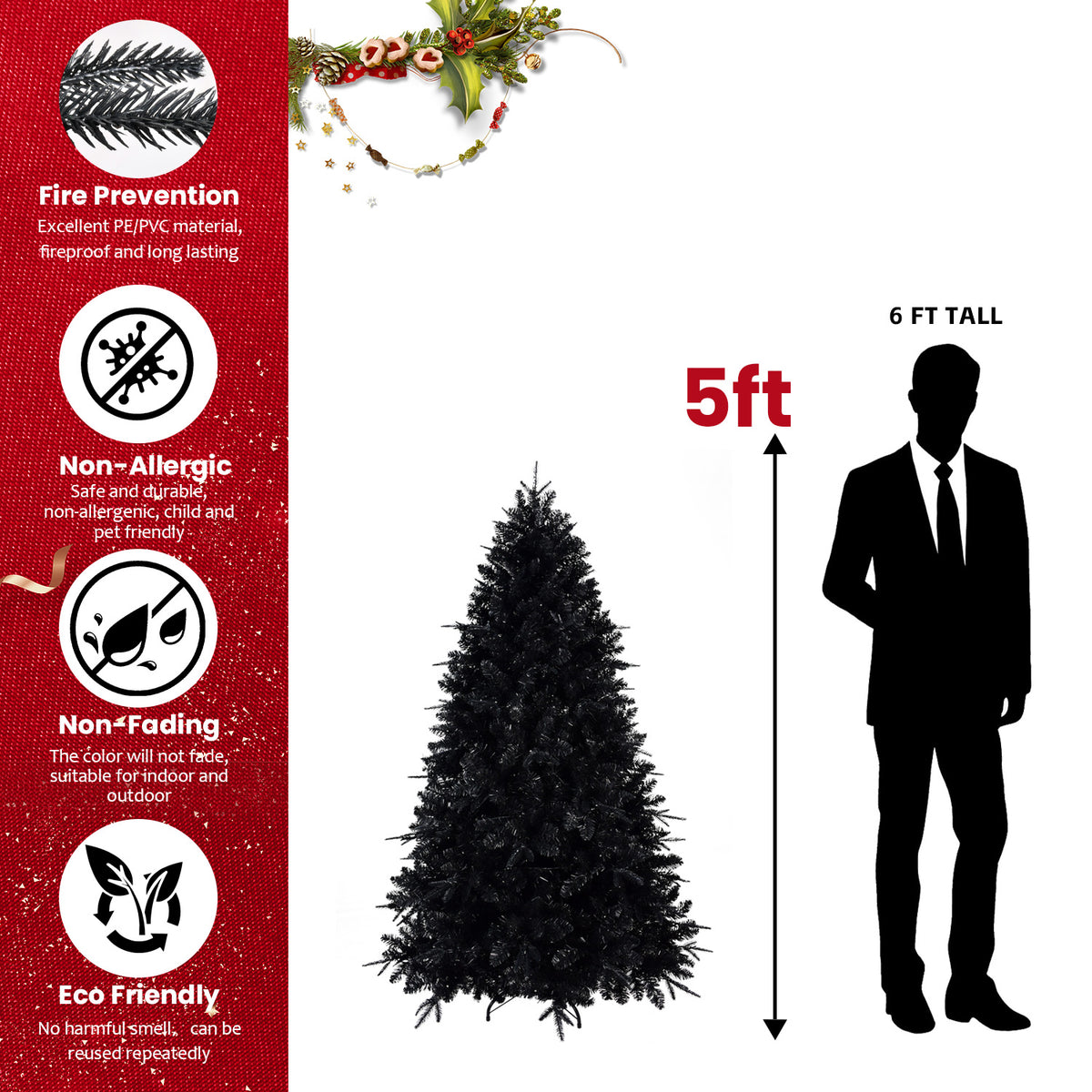 Black Christmas Tree with White Lights, 4ft-9ft, PE/PVC Mix