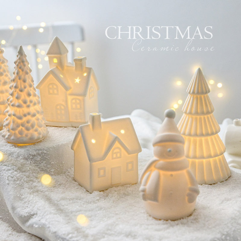 Luminous Ceramic Christmas Decor: Trees, Snowman, and Houses