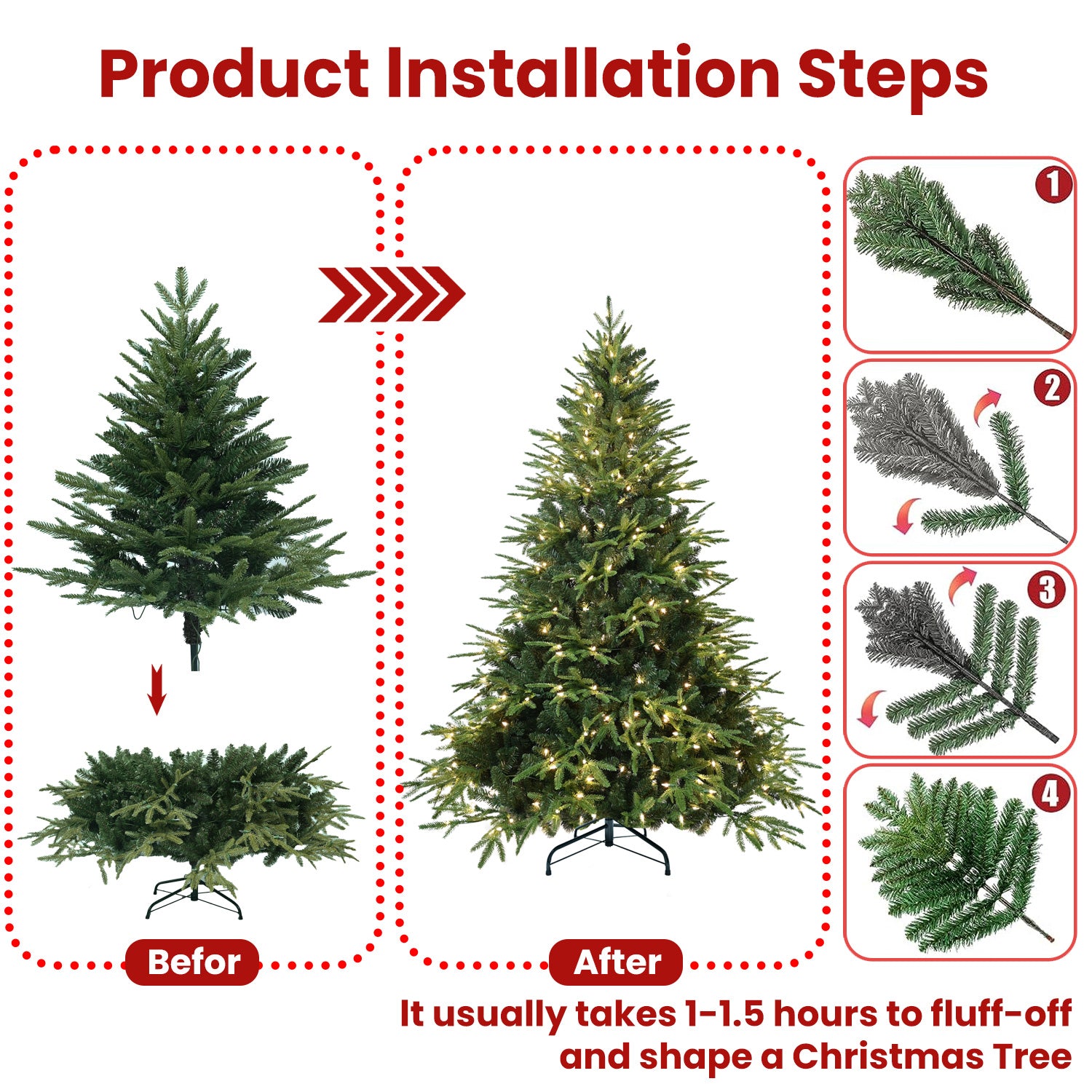 Hybrid PE/PVC Christmas Tree with Lights - Multiple Sizes