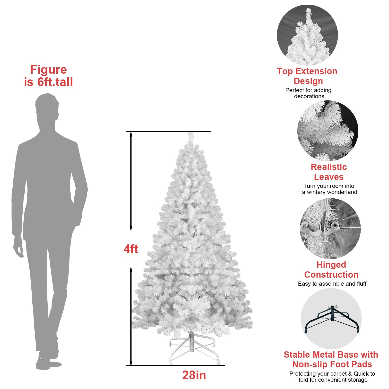 4ft White Christmas Tree with Memory Wire – No Fluff Needed