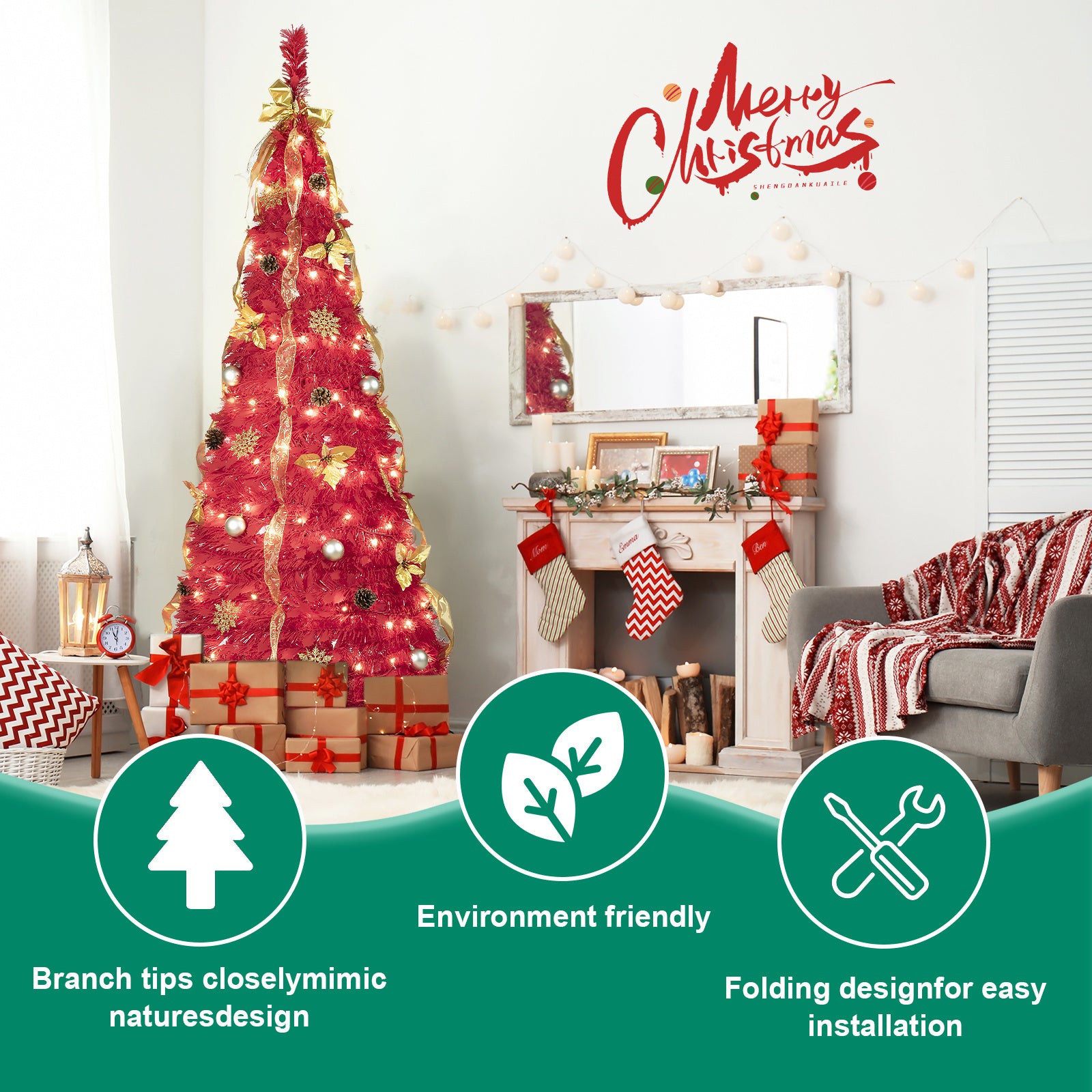 6ft Red Pop-Up Christmas Tree with 150 Warm LED Lights