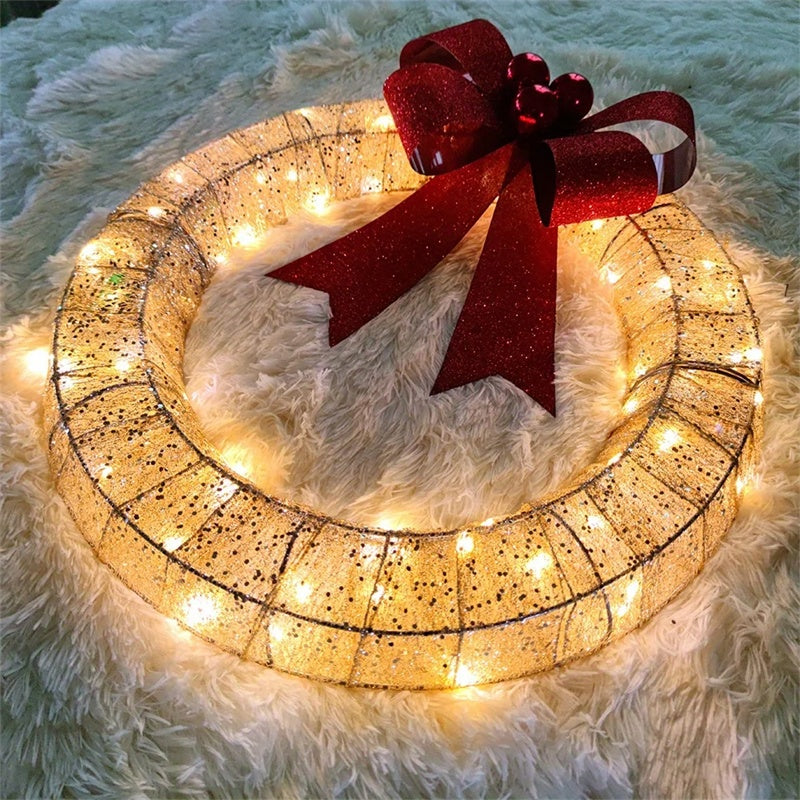 50CM LED Christmas Wreath with Bowknot - Warm Light Decor