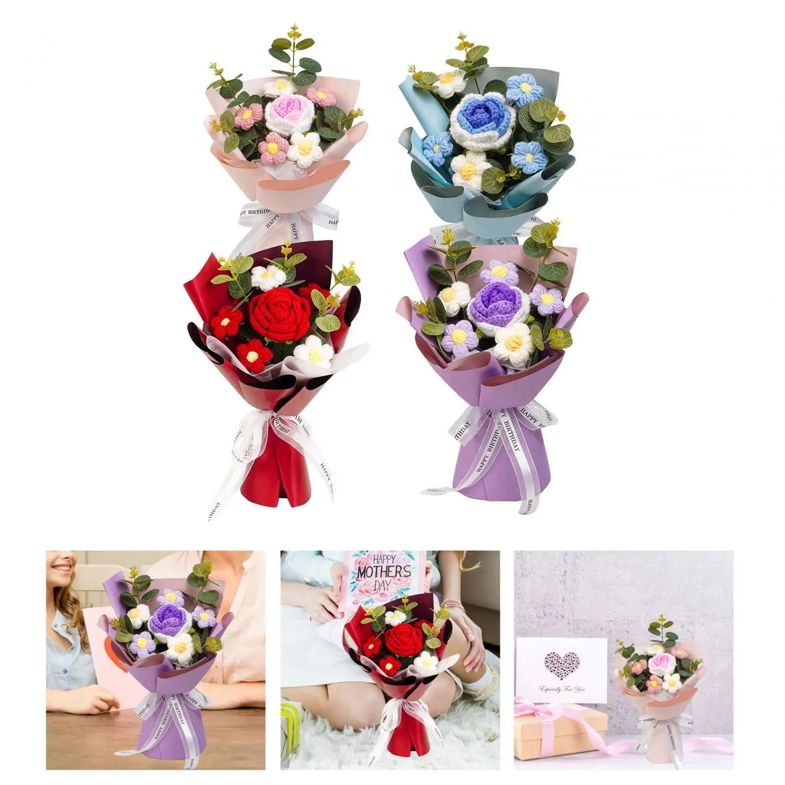 Handcrafted Knitted Crochet Flower Bouquet for Home Decor