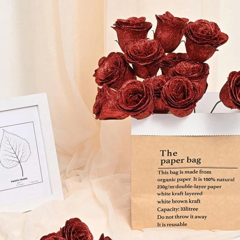 Artificial Glitter Rose Bouquet - Christmas & Valentine's Decor