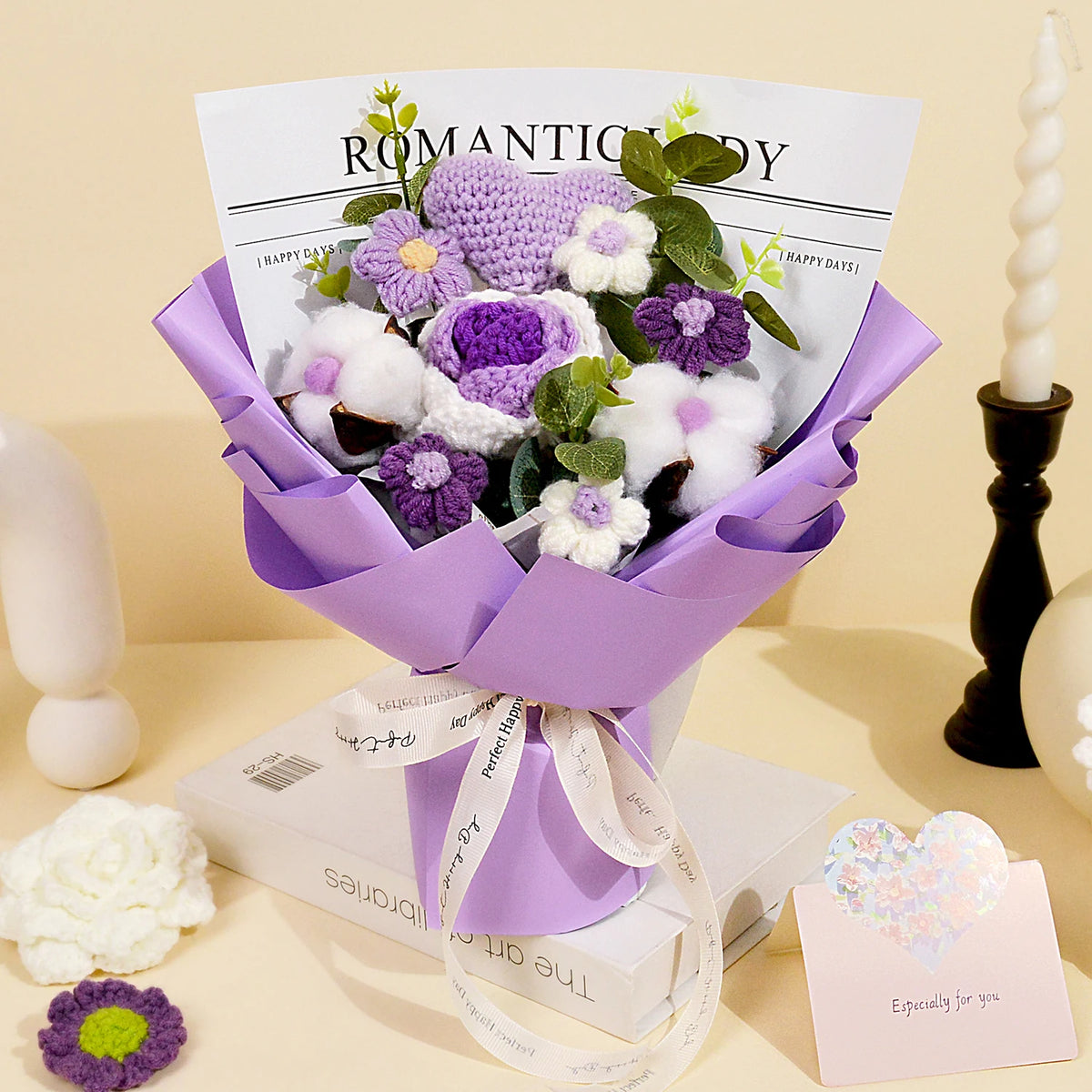 Handmade Crochet Rose Bouquet - Pink & Purple Artificial Roses