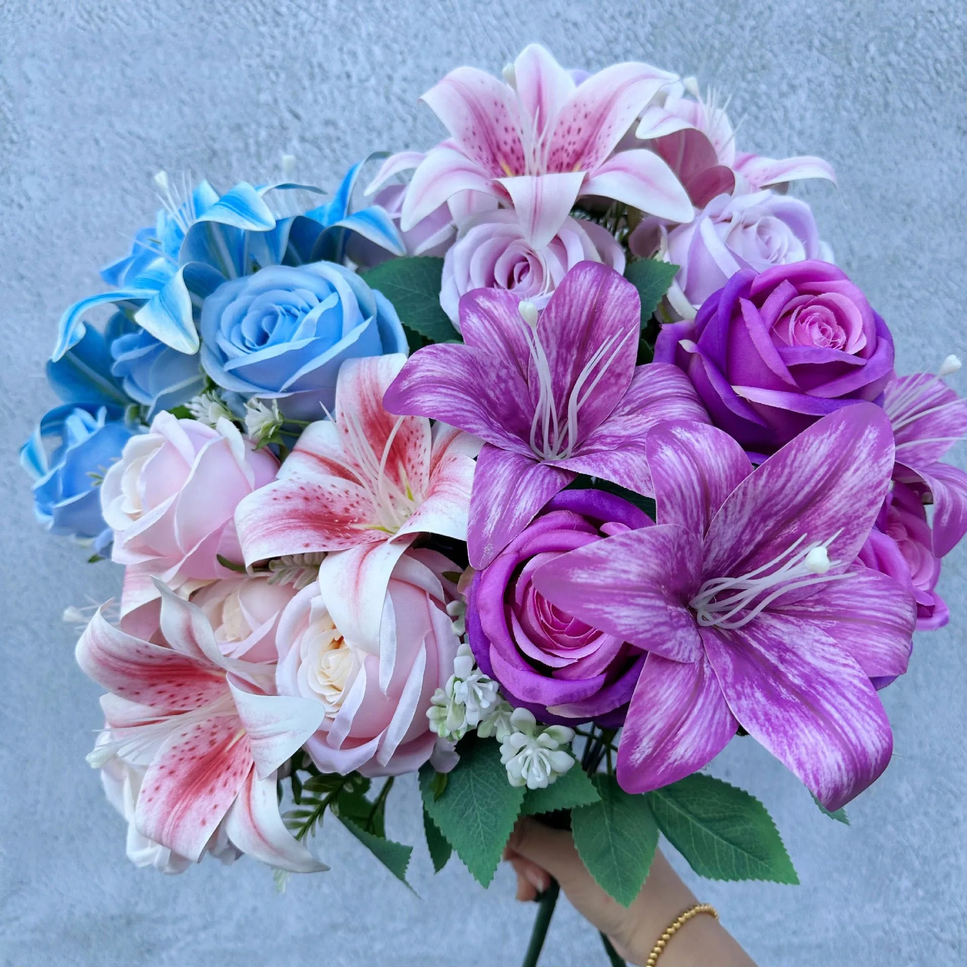 Spring Bouquet: 9-Stem Mixed Roses & Lilies, Silk Flowers