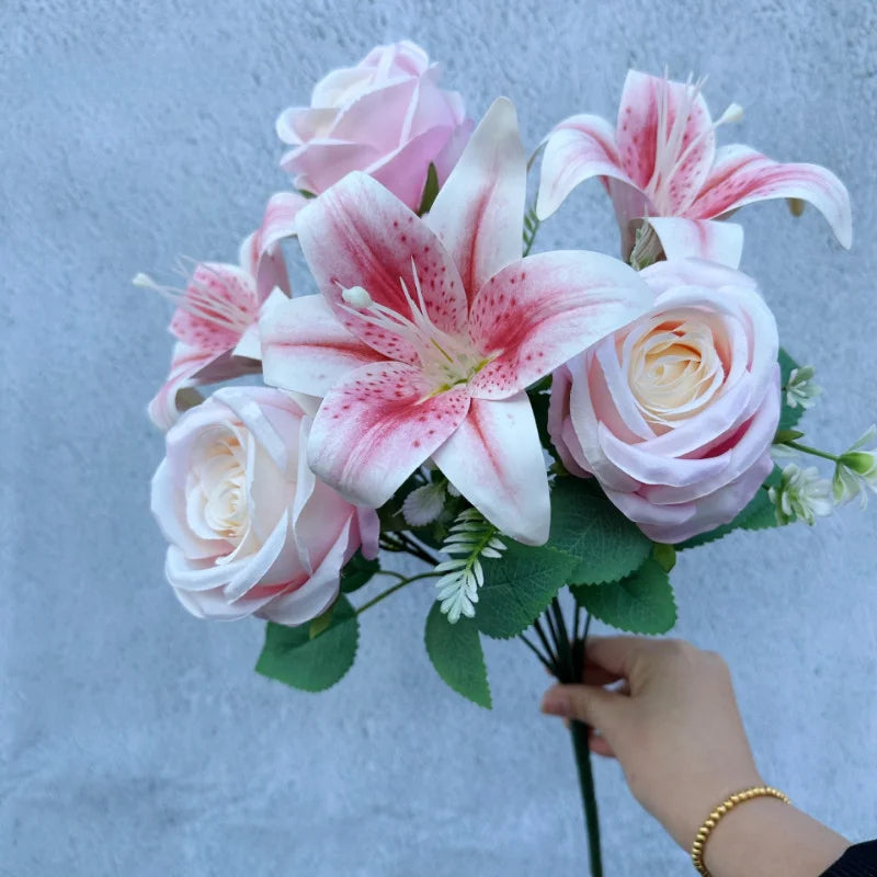 Spring Bouquet: 9-Stem Mixed Roses & Lilies, Silk Flowers