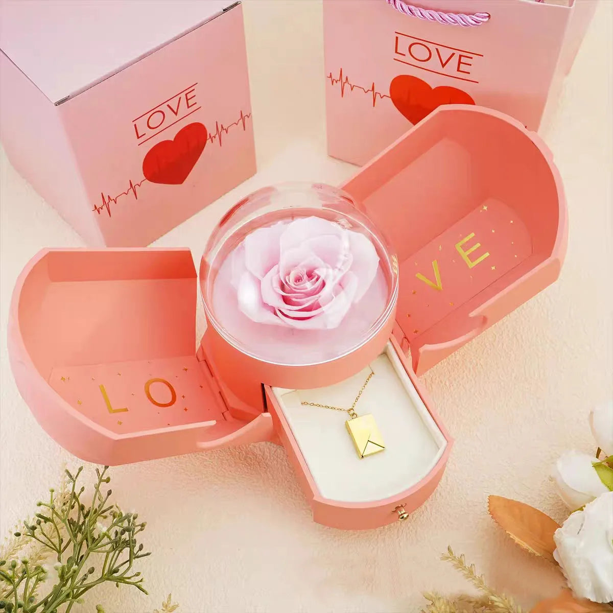 Surprise Flower Jewelry Box with Rose Gold & Hidden Drawer