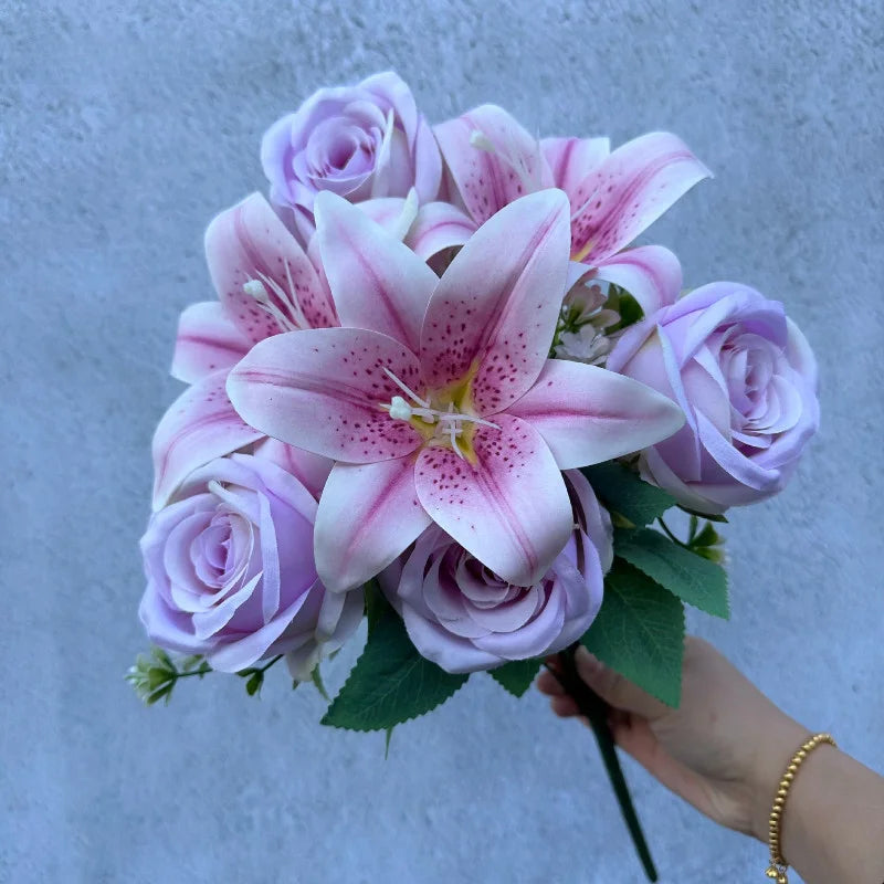 Spring Bouquet: 9-Stem Mixed Roses & Lilies, Silk Flowers