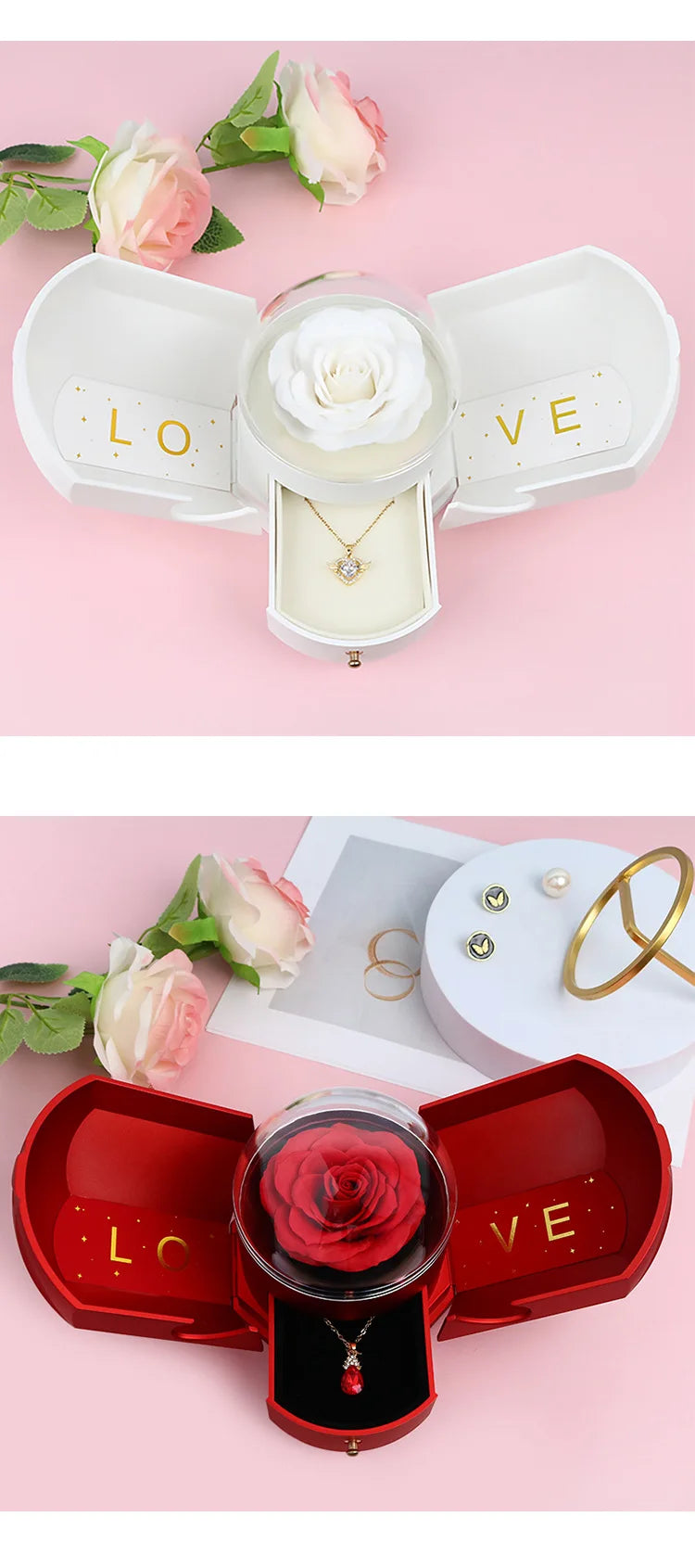 Surprise Flower Jewelry Box with Rose Gold & Hidden Drawer