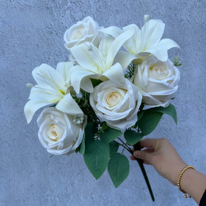 Spring Bouquet: 9-Stem Mixed Roses & Lilies, Silk Flowers