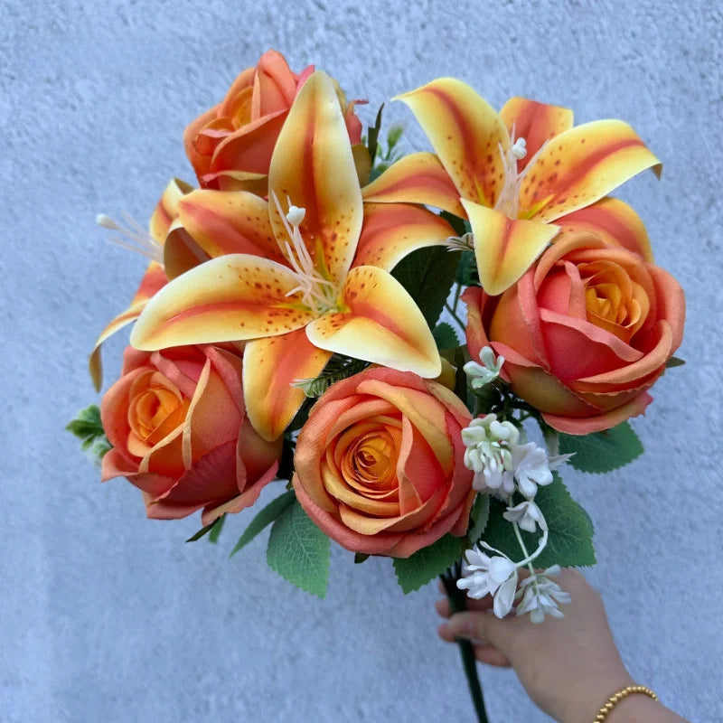 Spring Bouquet: 9-Stem Mixed Roses & Lilies, Silk Flowers