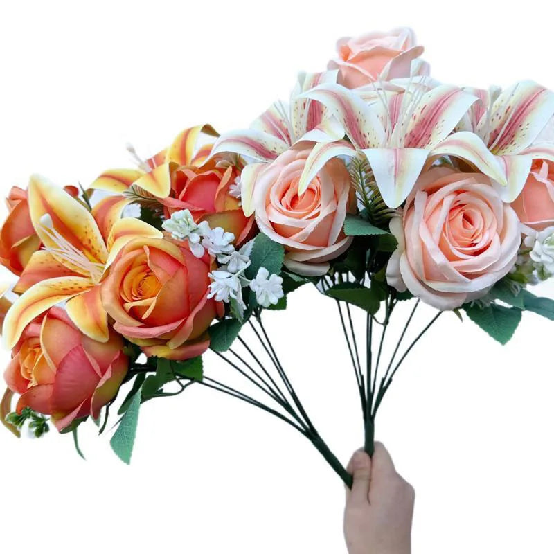 Spring Bouquet: 9-Stem Mixed Roses & Lilies, Silk Flowers