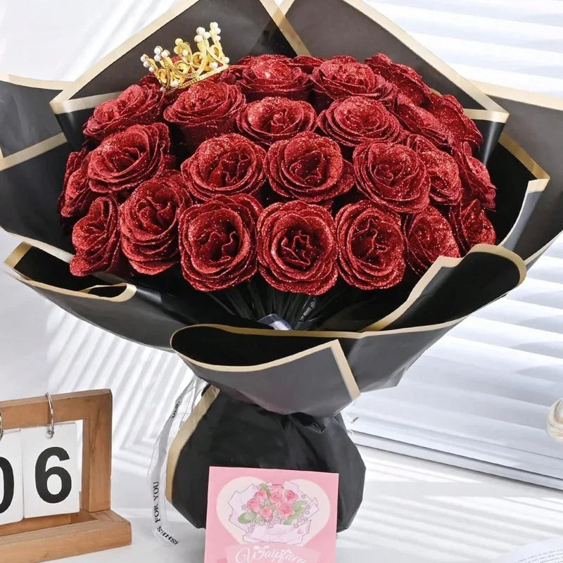 Artificial Glitter Rose Bouquet - Christmas & Valentine's Decor