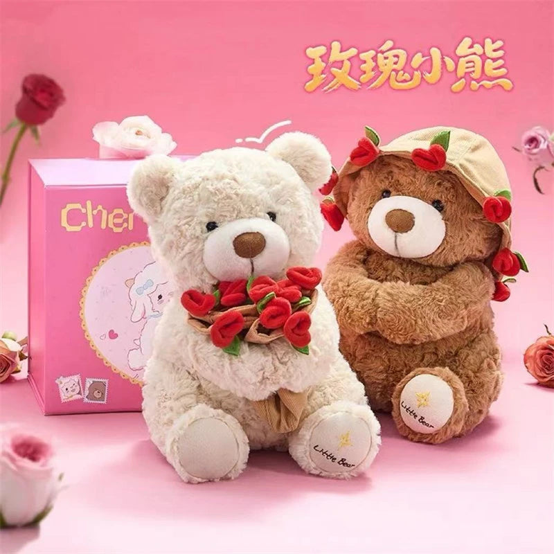 Kawaii Teddy Bear Plush with Roses - Perfect Gift for Lovers