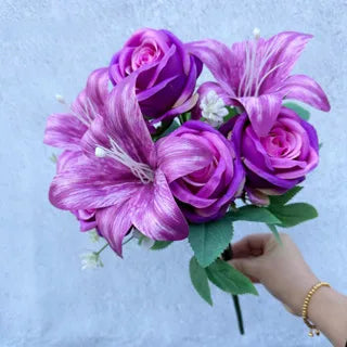 Spring Bouquet: 9-Stem Mixed Roses & Lilies, Silk Flowers