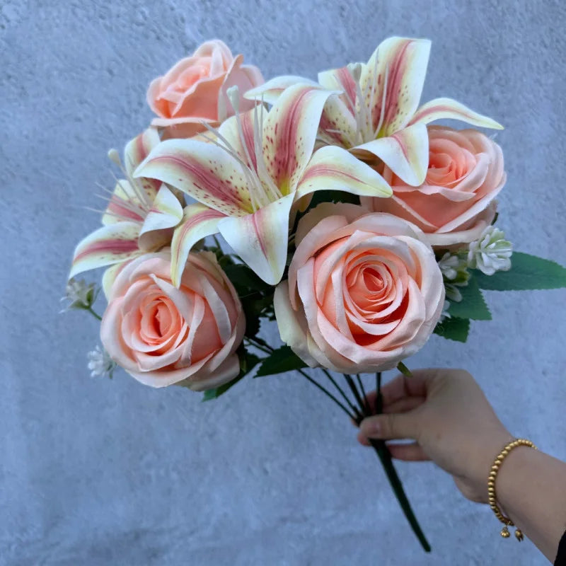 Spring Bouquet: 9-Stem Mixed Roses & Lilies, Silk Flowers
