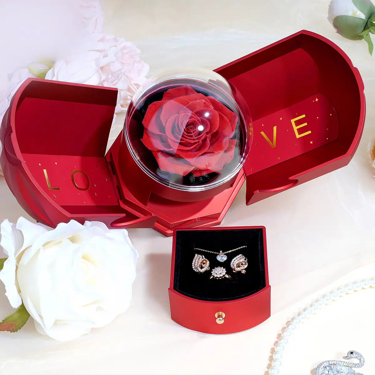 Surprise Flower Jewelry Box with Rose Gold & Hidden Drawer