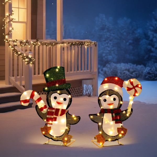 Lighted Penguin & Candy Cane Xmas Decor with 80 LED Lights