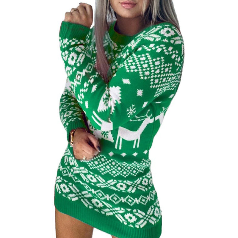 Women's Festive Knitted Pullover - Elk & Snowflake Design
