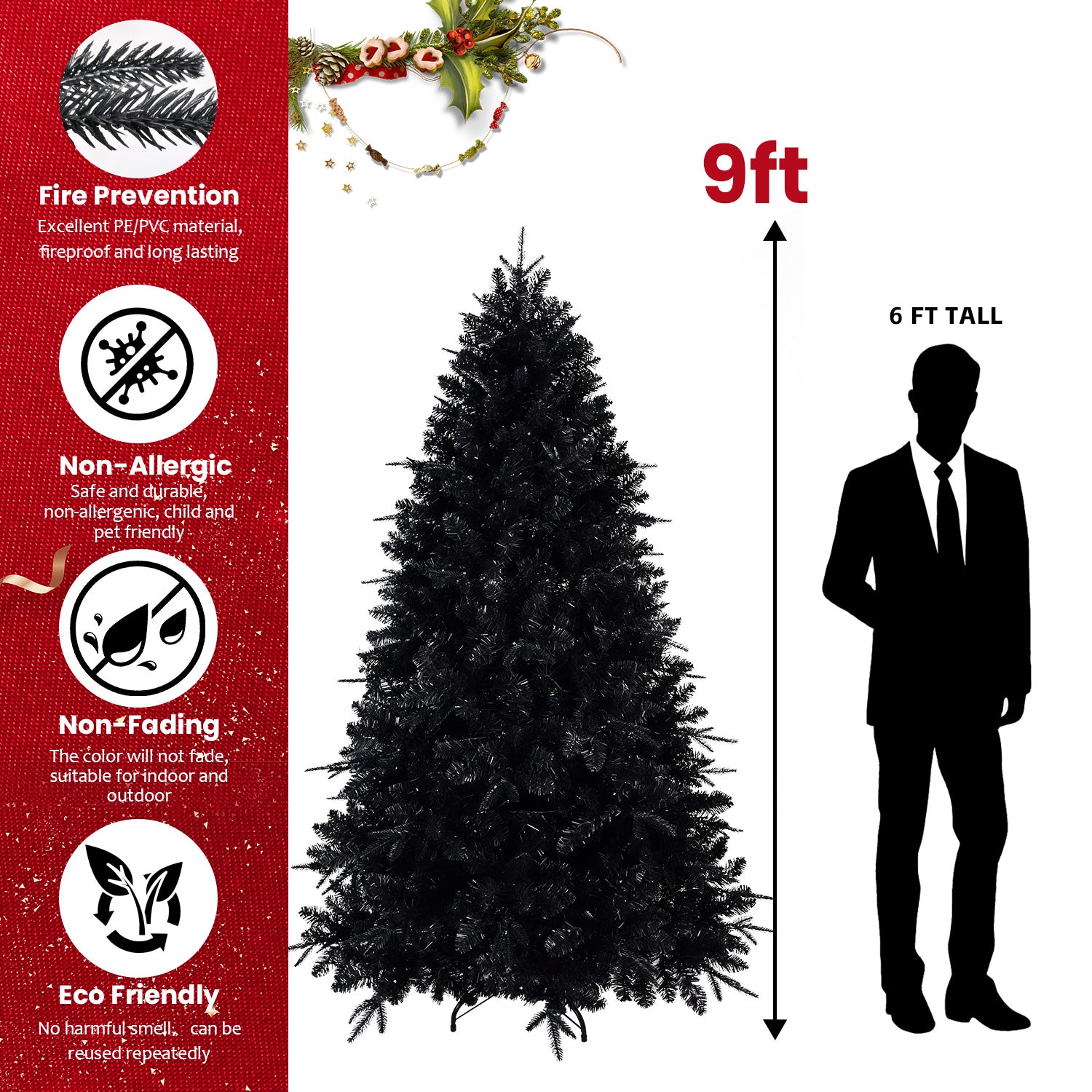 Black Christmas Tree with White Lights, 4ft-9ft, PE/PVC Mix