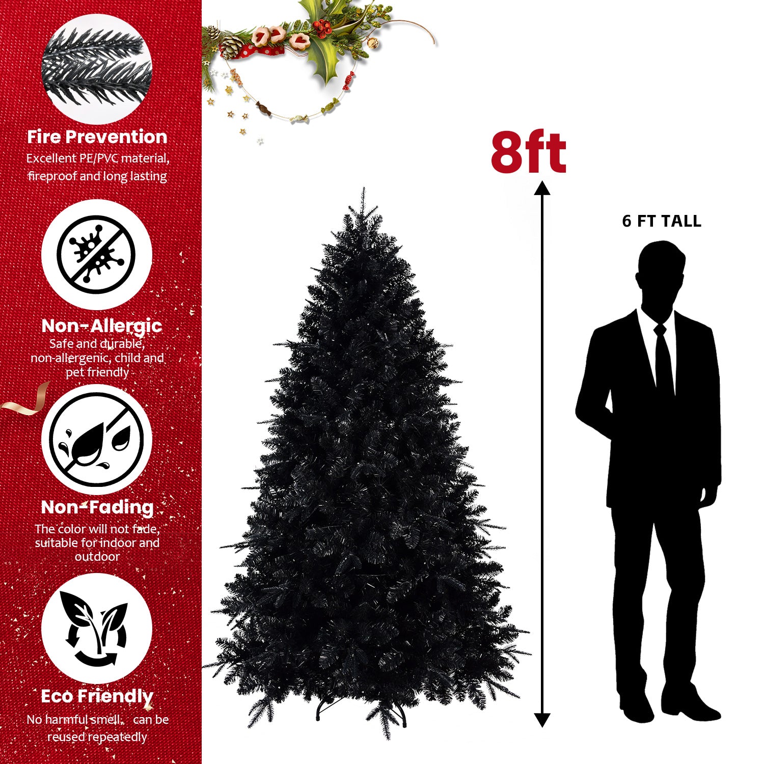Black Christmas Tree with White Lights, 4ft-9ft, PE/PVC Mix