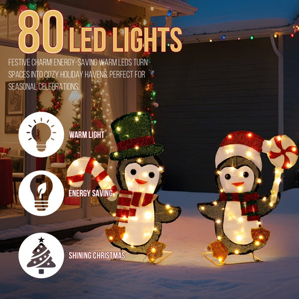 Lighted Penguin & Candy Cane Xmas Decor with 80 LED Lights