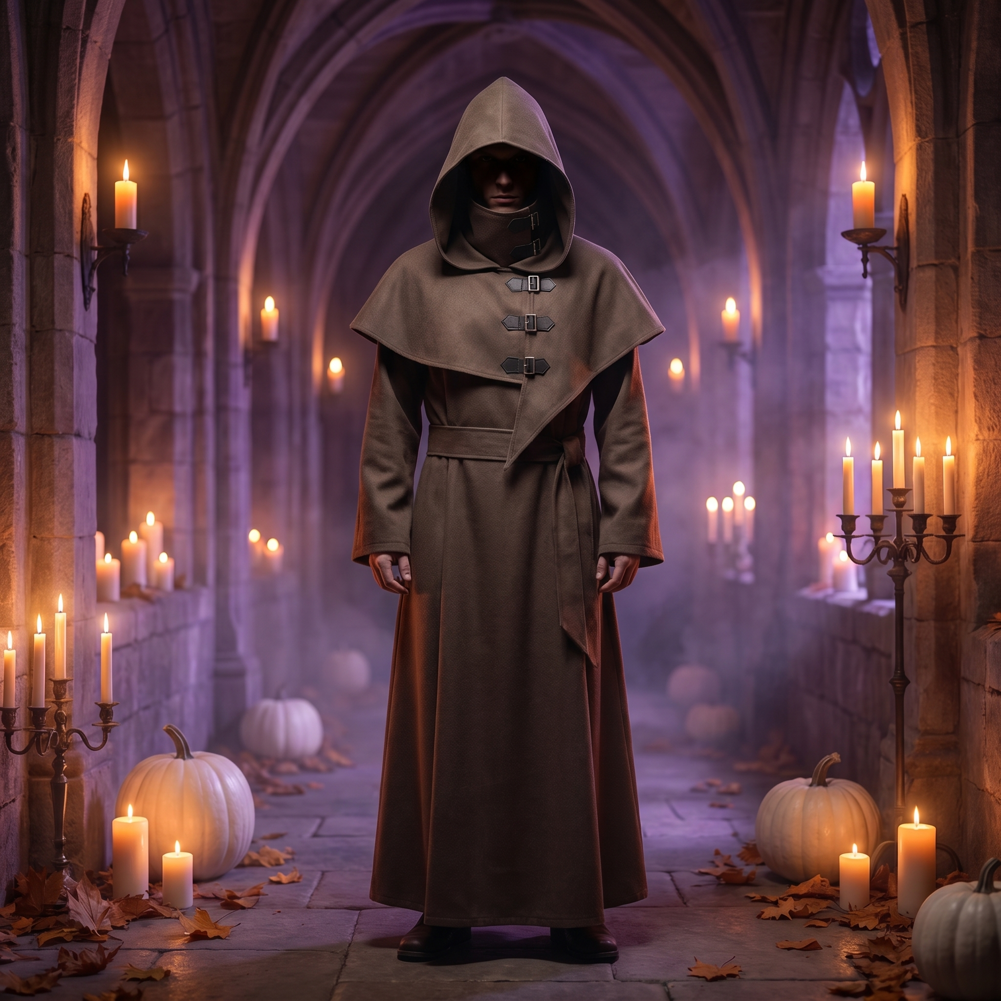 Person wearing the hooded monk robe costume in a candlelit setting